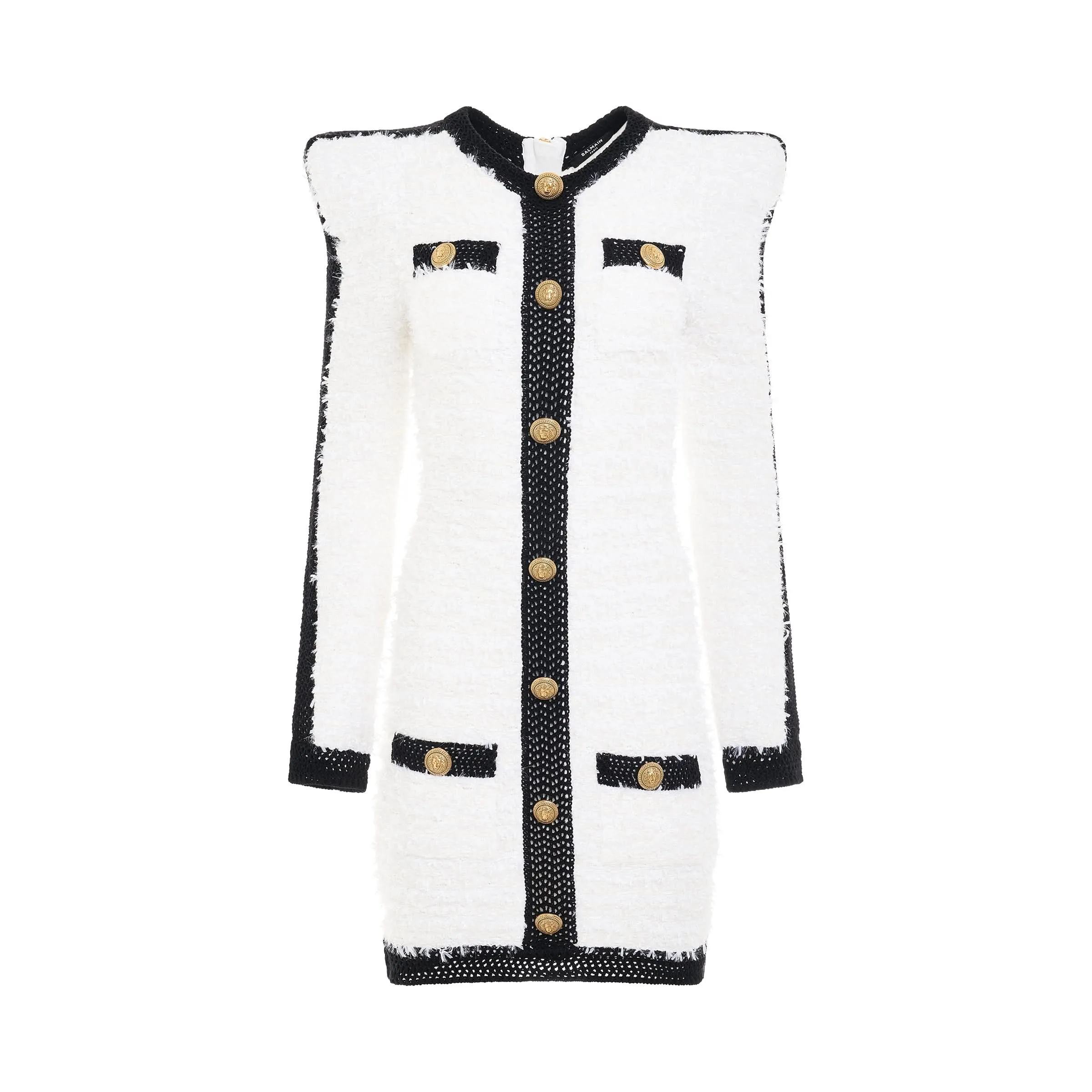 4 Pockets Buttoned Tweed Knit Short Dress in White