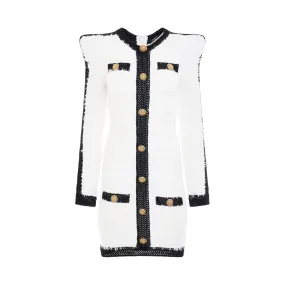 4 Pockets Buttoned Tweed Knit Short Dress in White