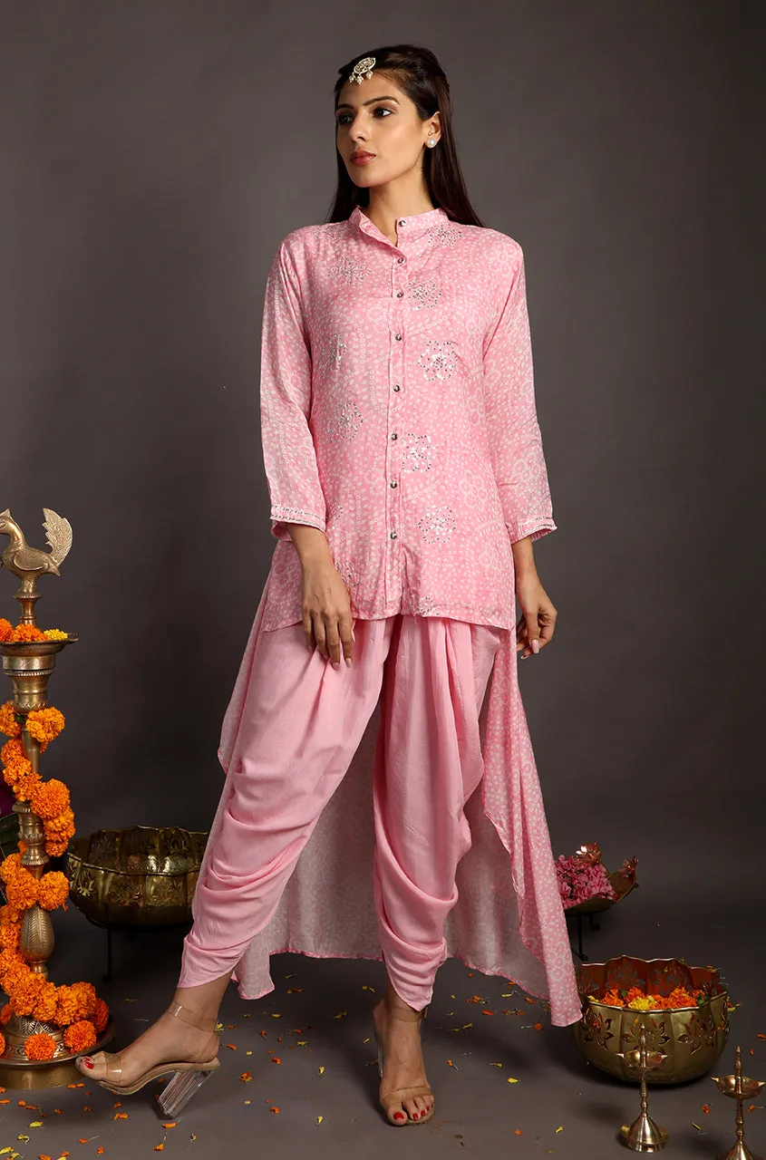 Bandhani Twist- Baby Pink High-Low Kurta With Dhoti Pants