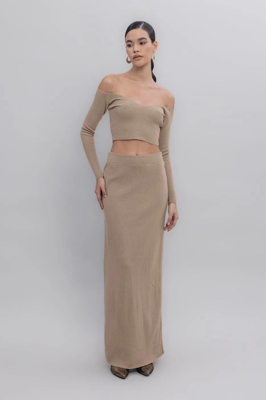 Beige Knit Maxi Pencil Skirt