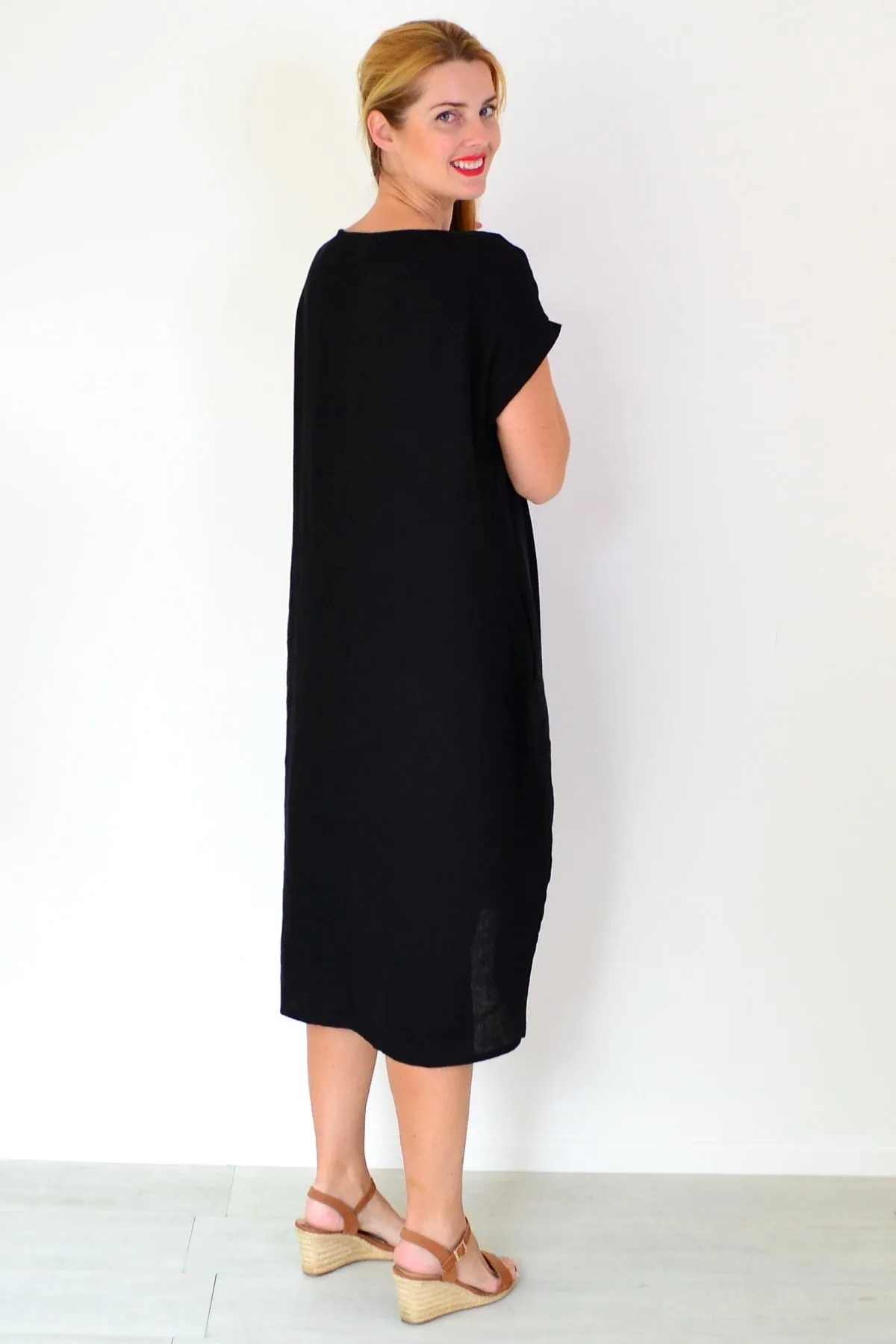 Black Short Sleeve Side Pockets Linen Dress