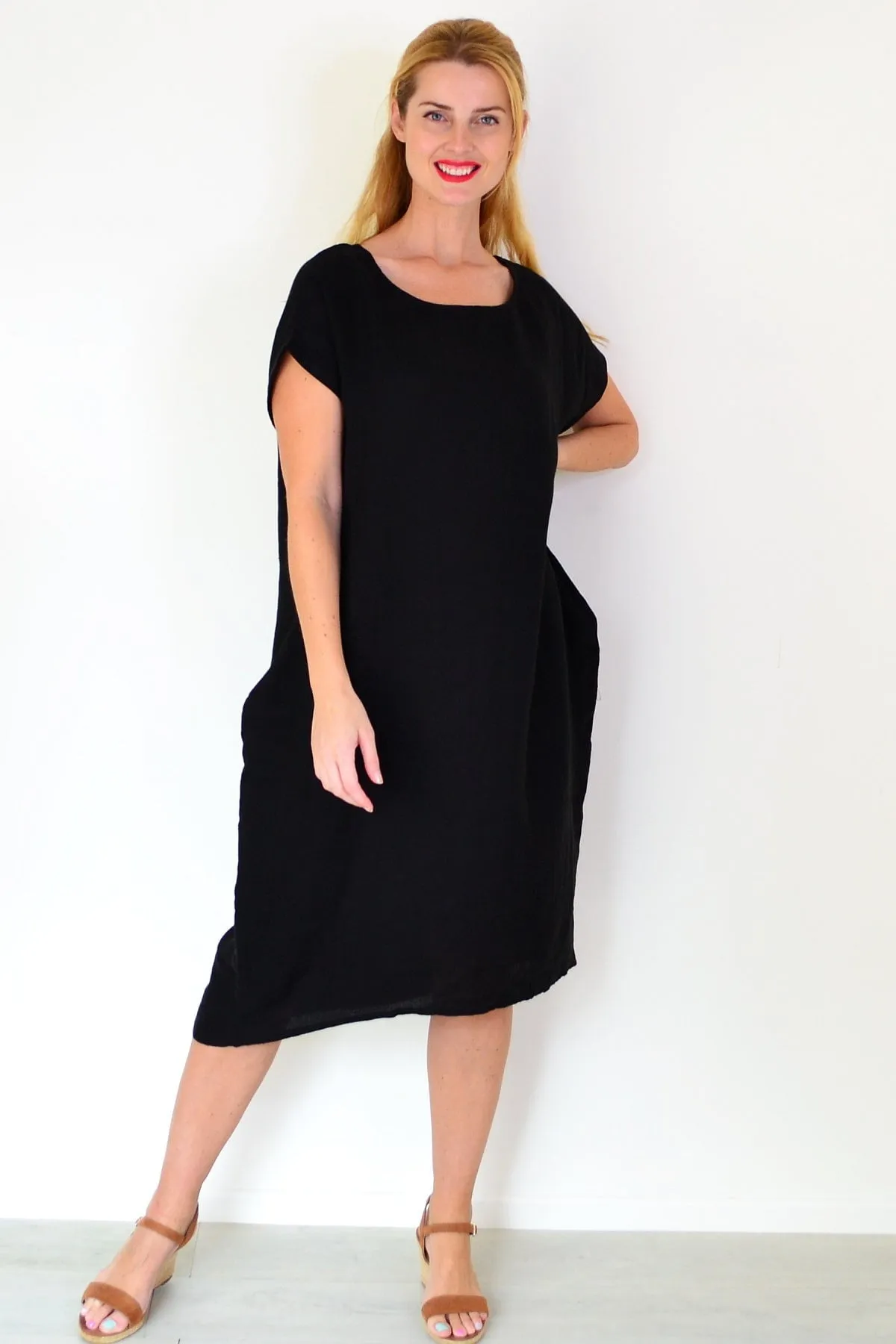 Black Short Sleeve Side Pockets Linen Dress