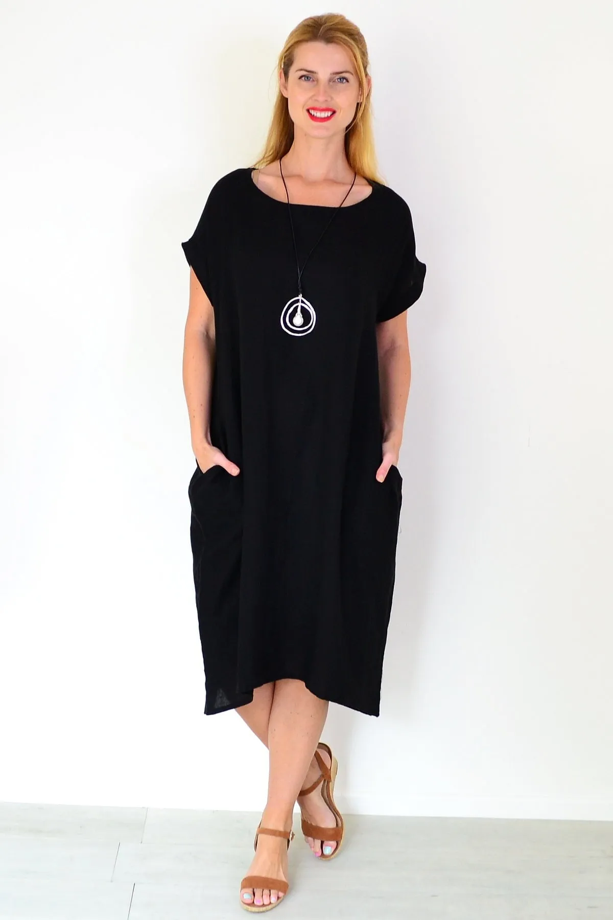 Black Short Sleeve Side Pockets Linen Dress