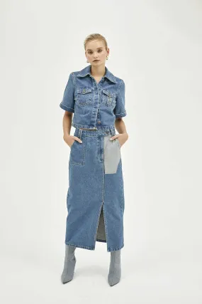 Blue Rendy Pocket Detailed Midi Denim Skirt