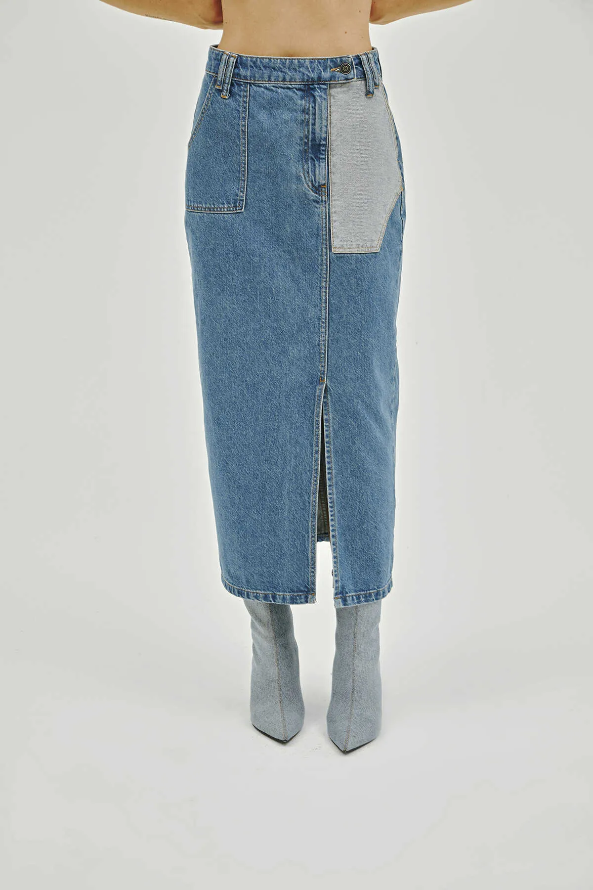 Blue Rendy Pocket Detailed Midi Denim Skirt