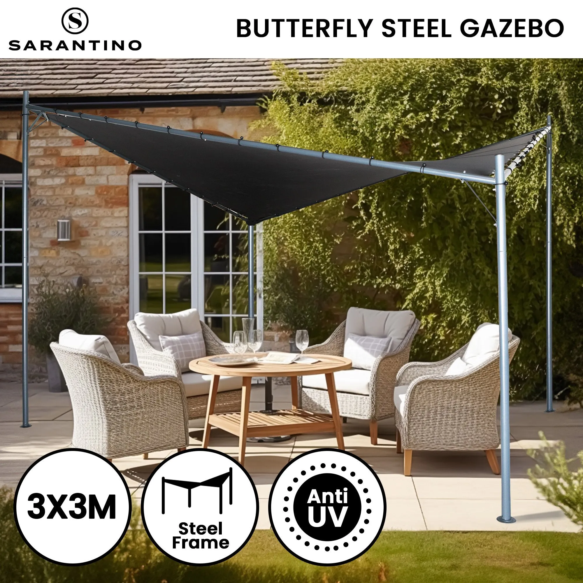 Butterfly Design 3x3m Steel Gazebo, UPF 50 , Charcoal