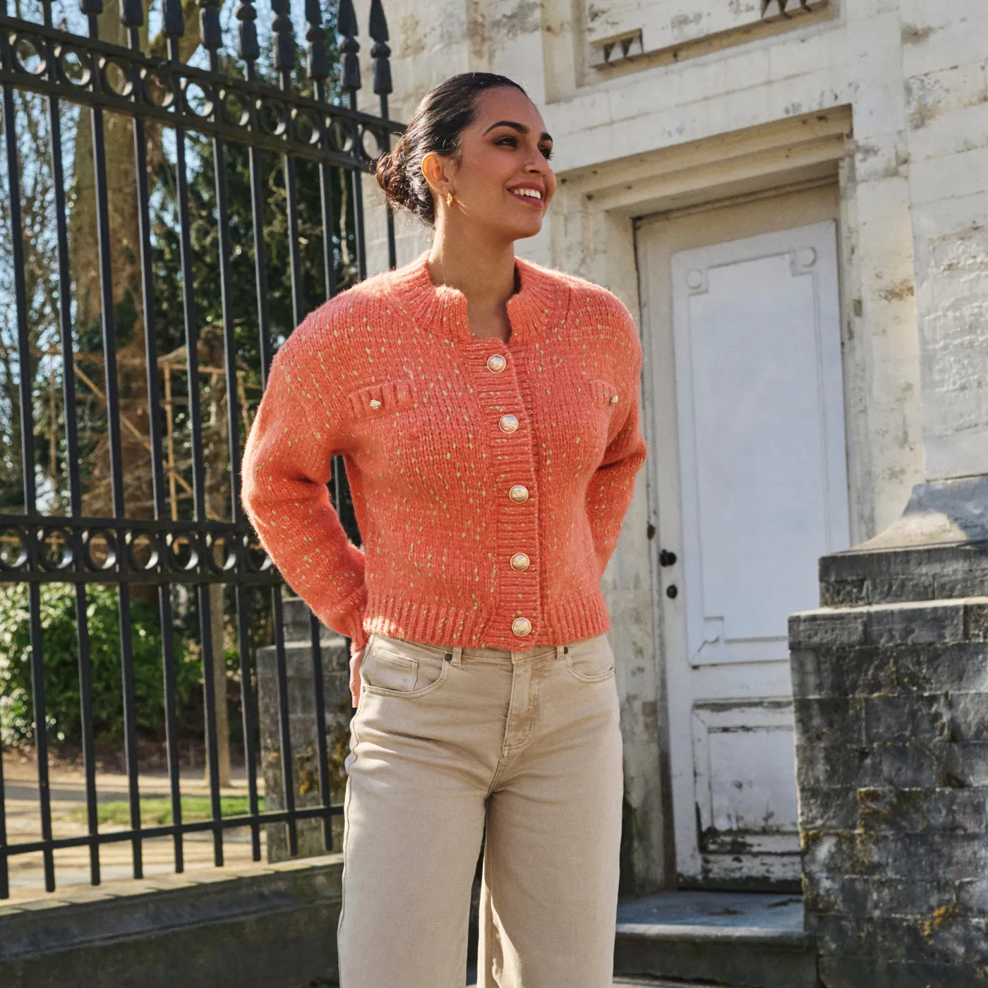 Esqualo Sparkle Cardigan With Gold Lurex Buttons | Orange