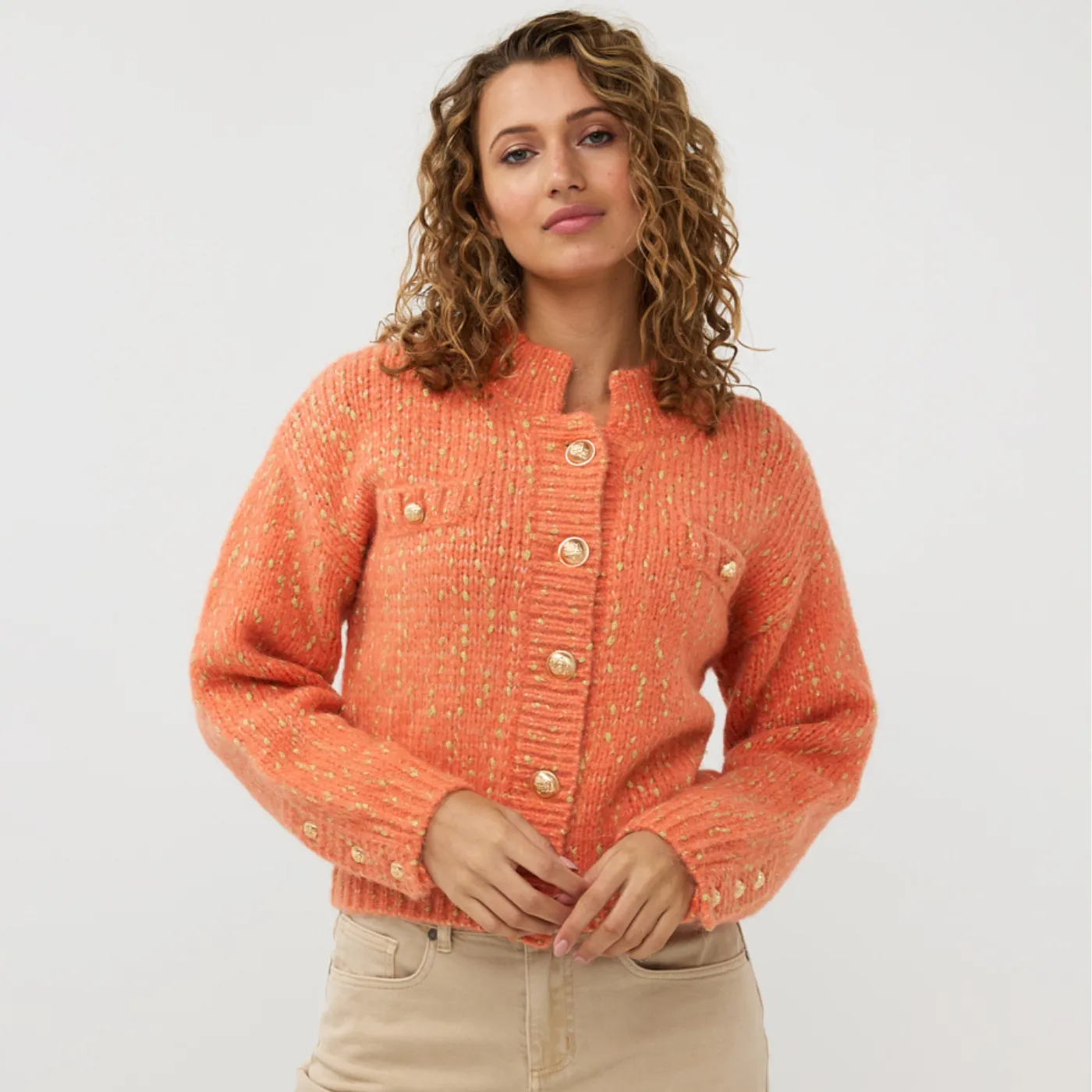 Esqualo Sparkle Cardigan With Gold Lurex Buttons | Orange