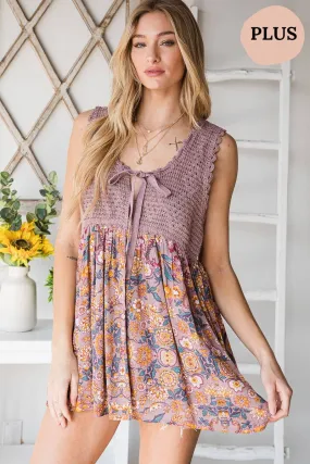 ET1416P PRINTED TUNIC TOP WITH CROCHET TRIM AND POCKETS