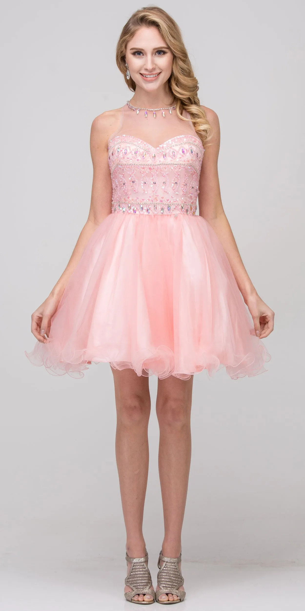 High Neck Bejeweled Bodice Mesh Short Homecoming Dress
