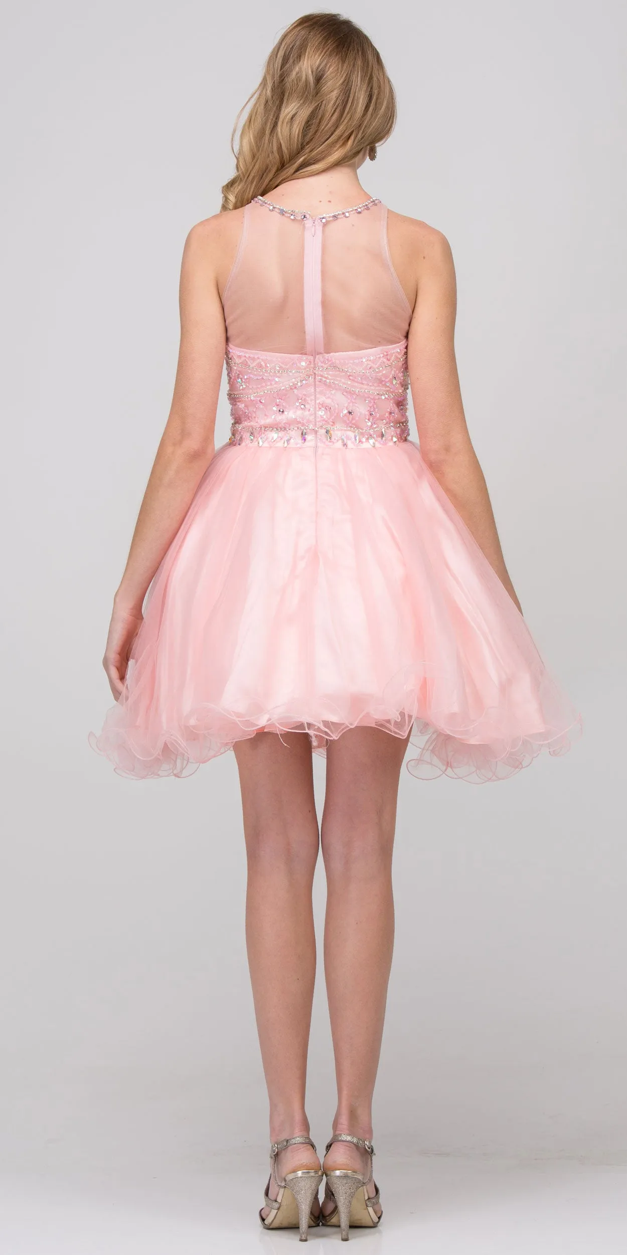High Neck Bejeweled Bodice Mesh Short Homecoming Dress
