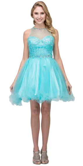 High Neck Bejeweled Bodice Mesh Short Homecoming Dress