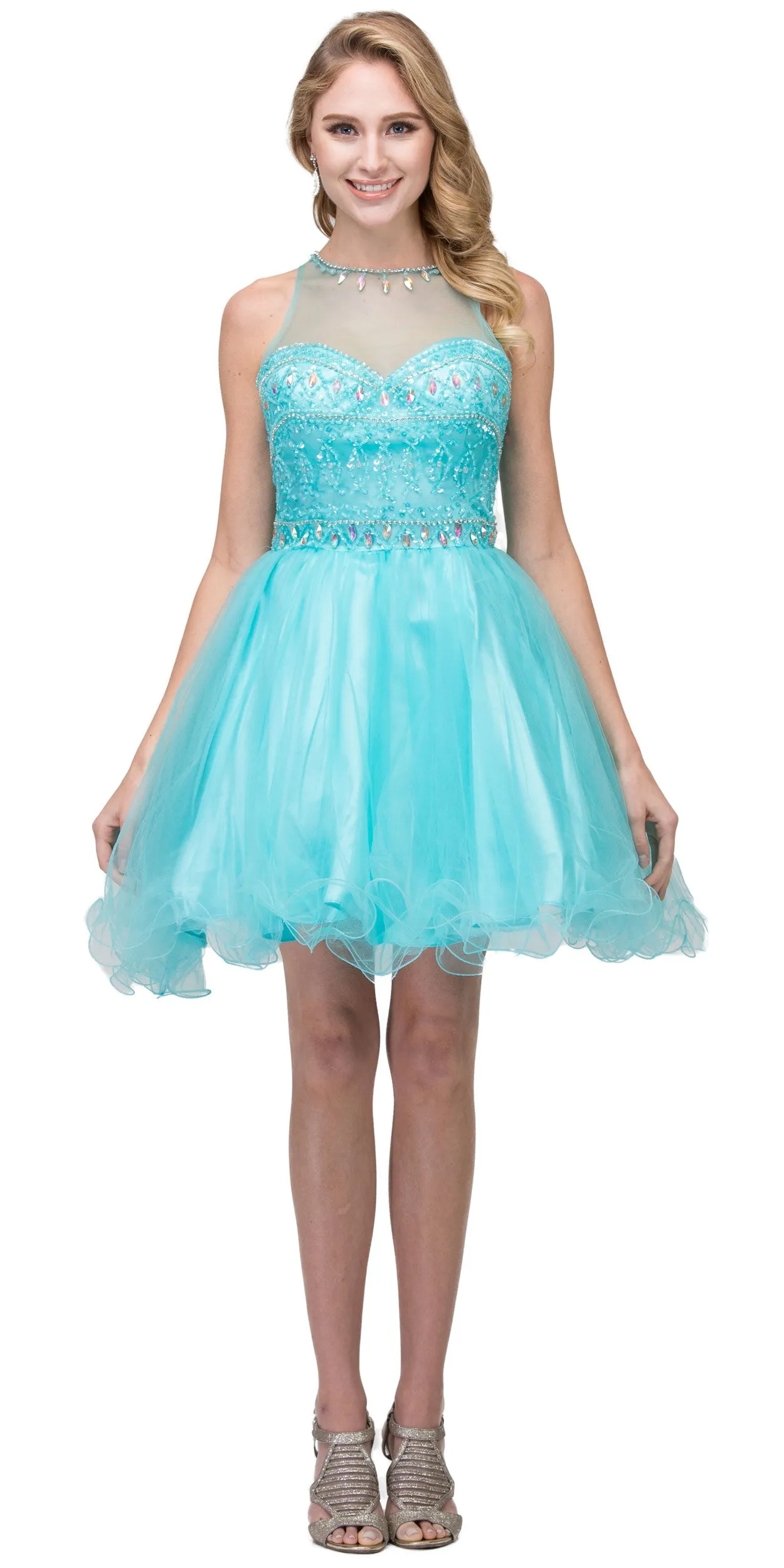 High Neck Bejeweled Bodice Mesh Short Homecoming Dress