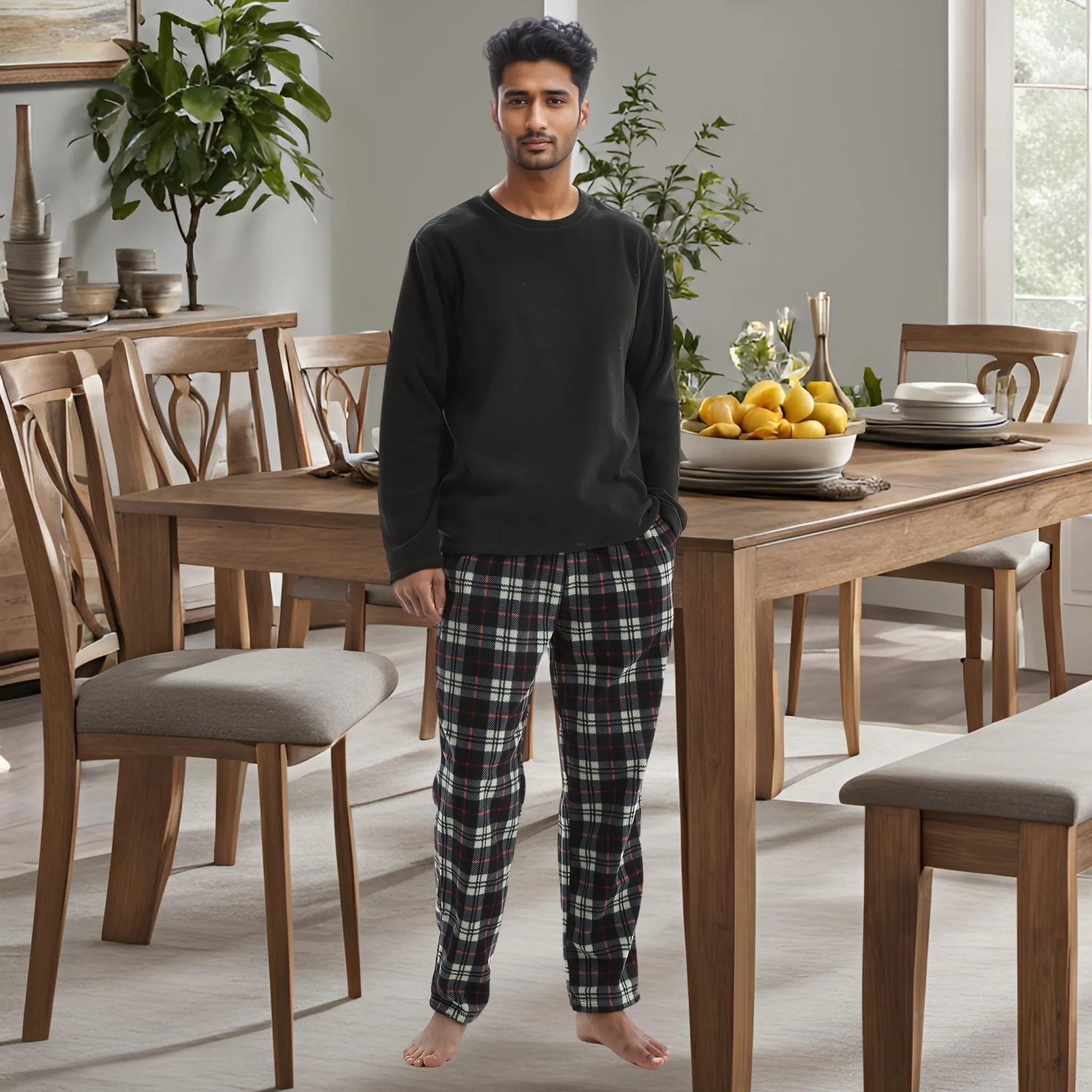 Men's Long Sleeve Thermal Fleece Pyjama Set in Black and Red.
