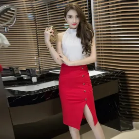 New Fashion  slim pencil skirt female classic button high waist Skirts