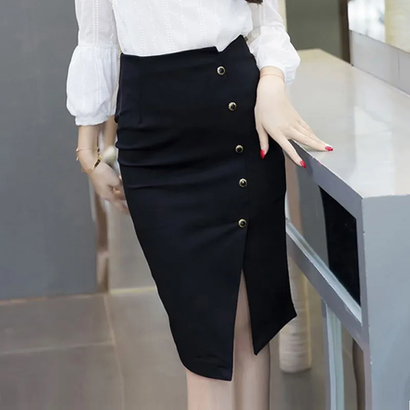 New Fashion  slim pencil skirt female classic button high waist Skirts