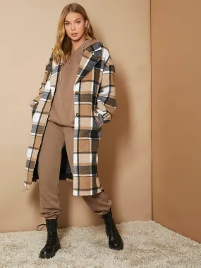 Plaid Belted Long Sleeve Lapel Midi Women Overcoat