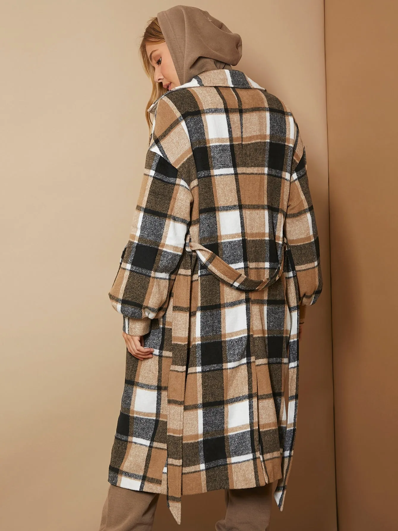 Plaid Belted Long Sleeve Lapel Midi Women Overcoat
