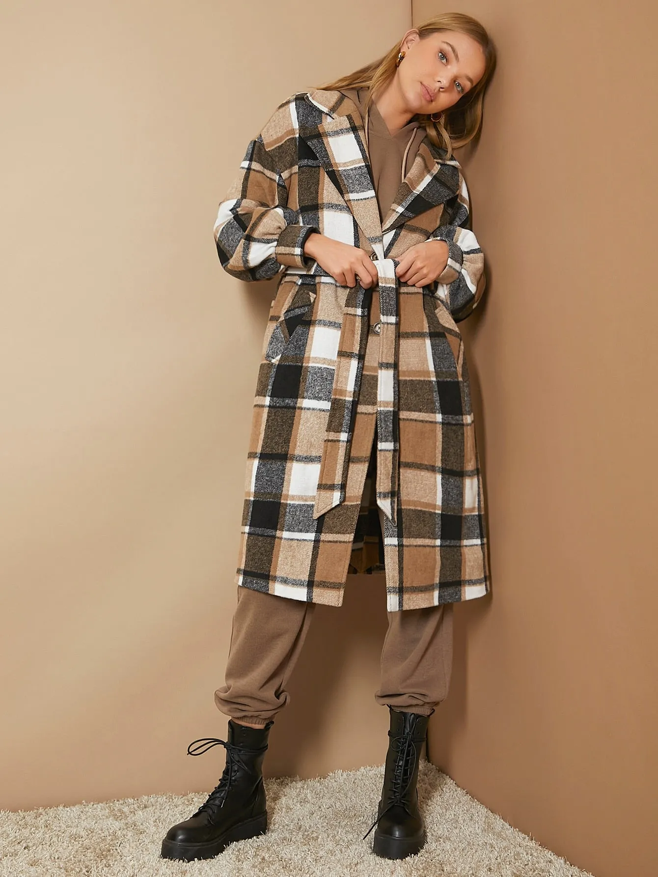 Plaid Belted Long Sleeve Lapel Midi Women Overcoat