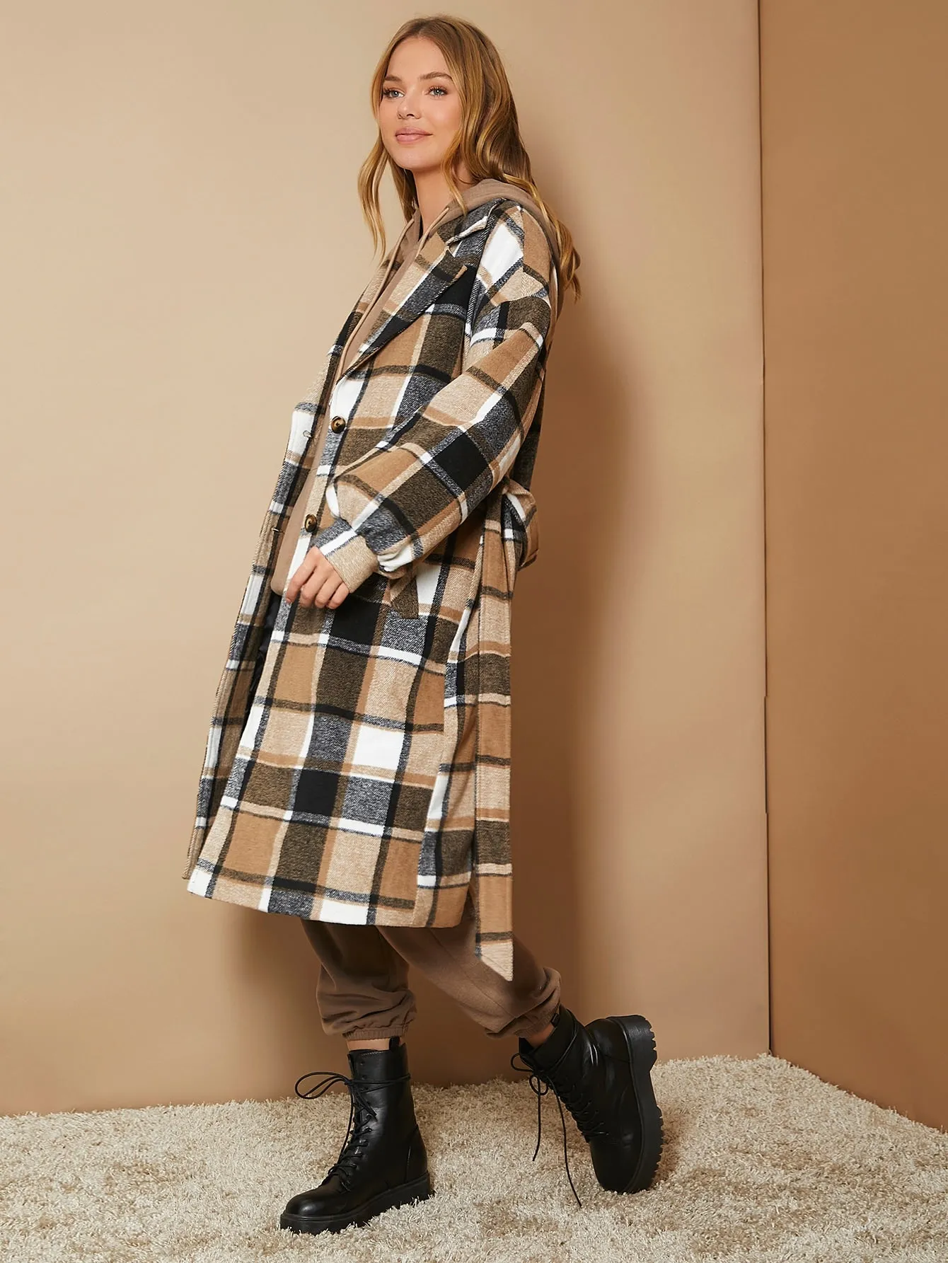 Plaid Belted Long Sleeve Lapel Midi Women Overcoat