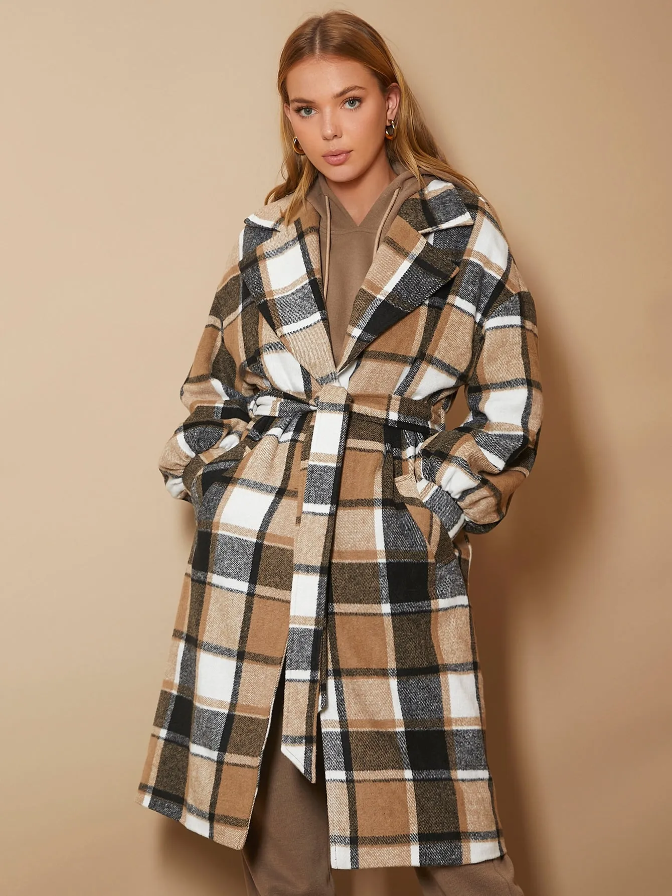 Plaid Belted Long Sleeve Lapel Midi Women Overcoat