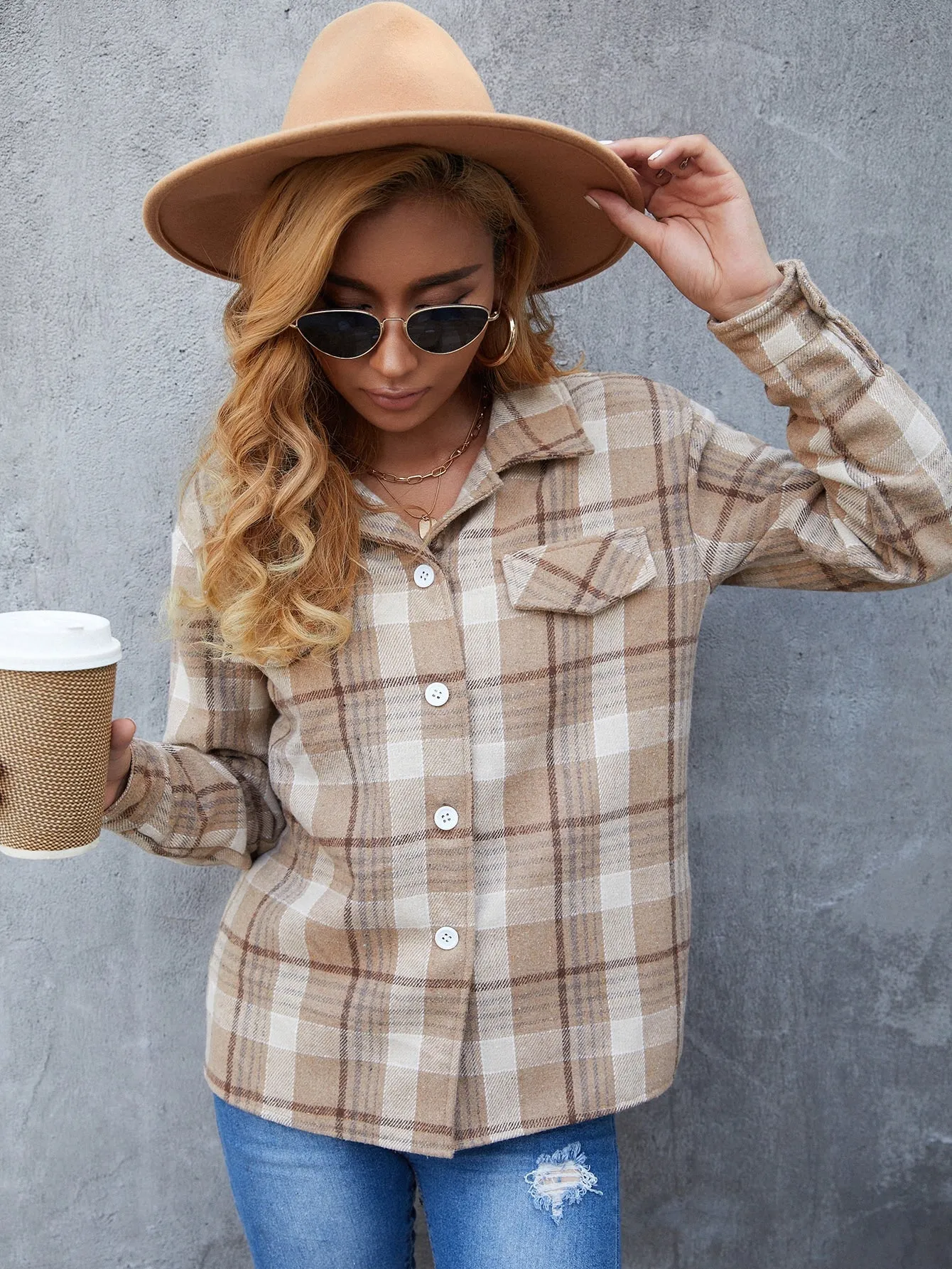 Plaid Button Front Long Sleeve Collar Regular Women Overcoat