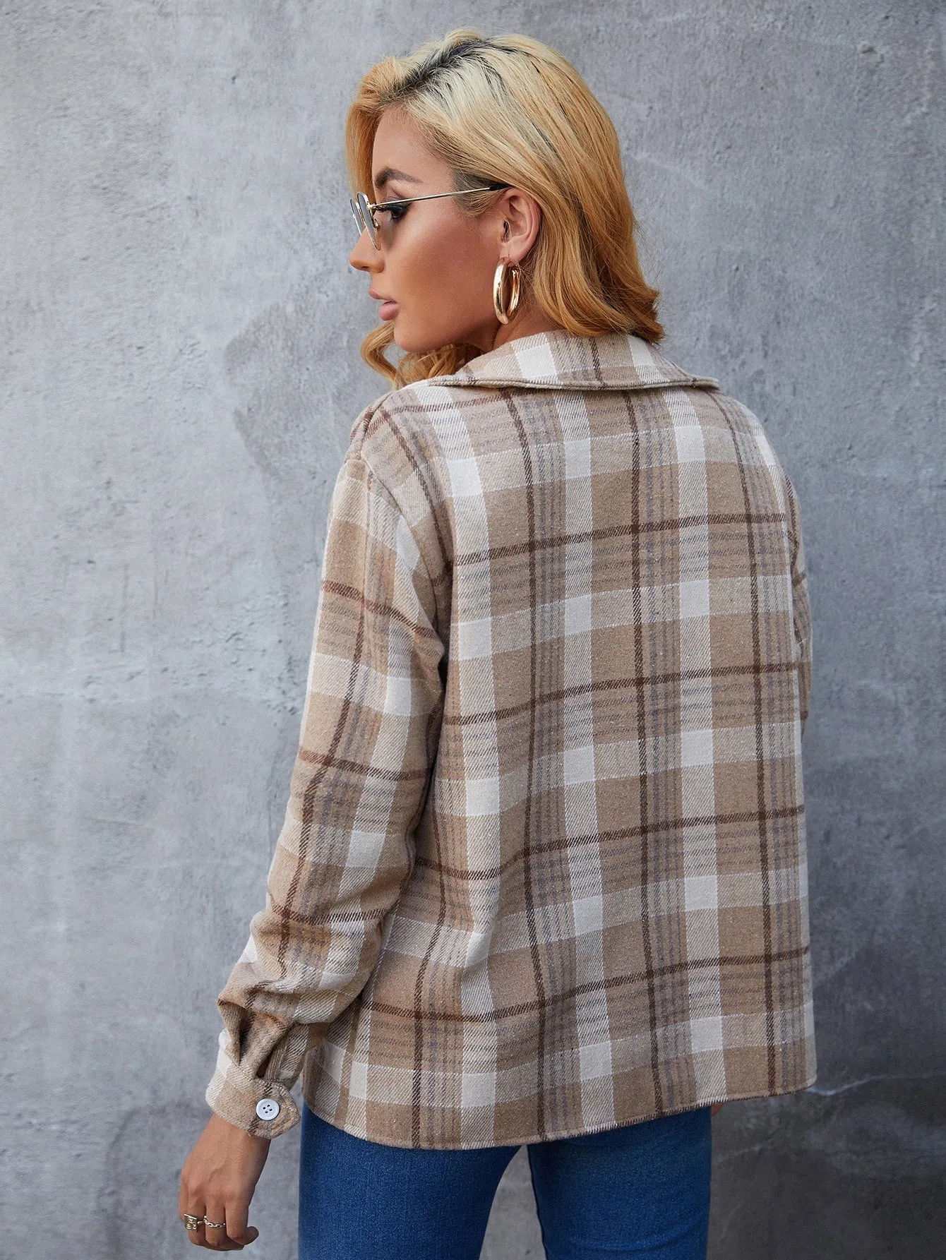 Plaid Button Front Long Sleeve Collar Regular Women Overcoat