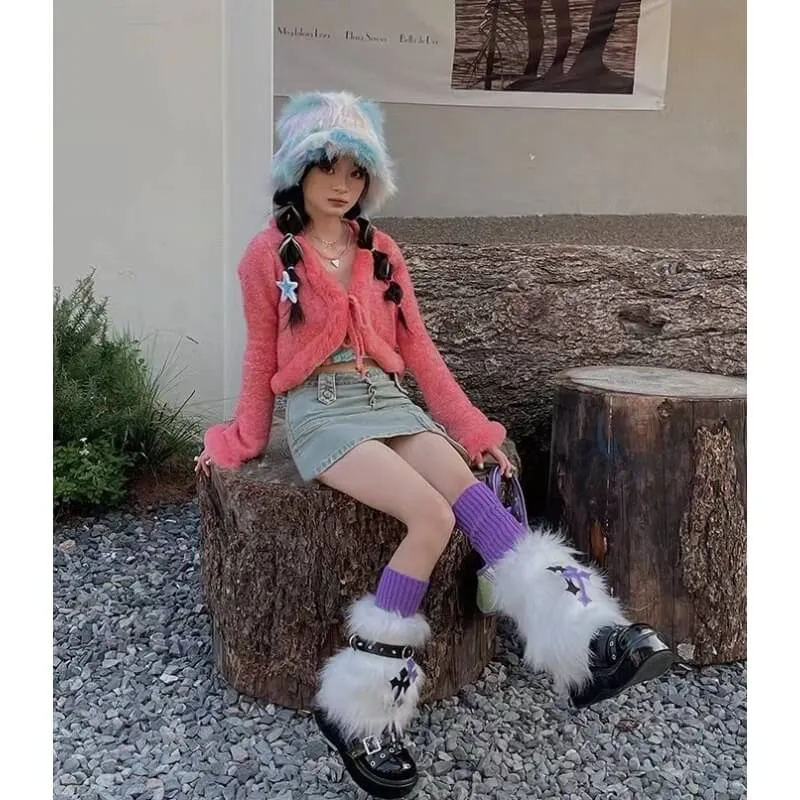 Purple cross furry y2k garter leg warmers