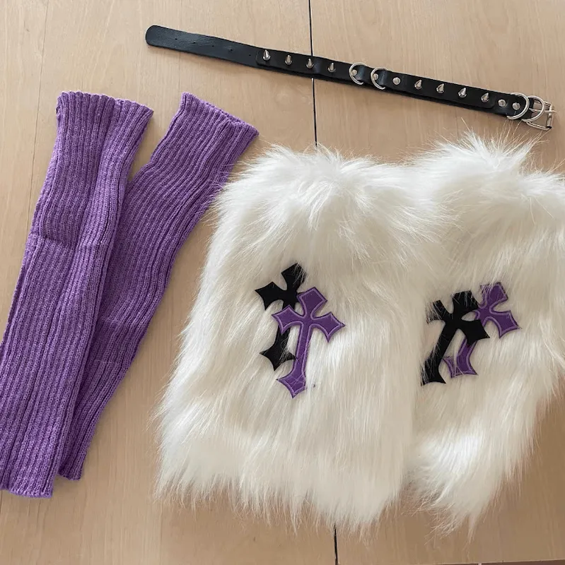 Purple cross furry y2k garter leg warmers