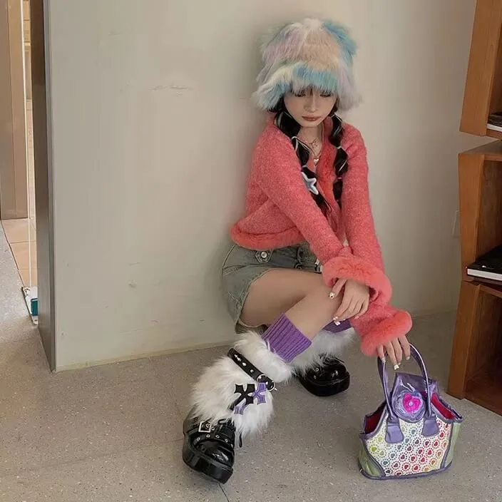 Purple cross furry y2k garter leg warmers