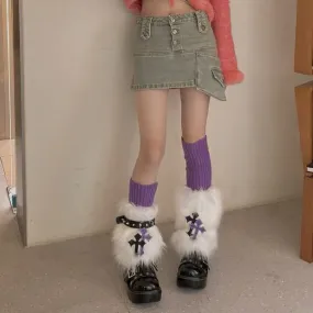 Purple cross furry y2k garter leg warmers