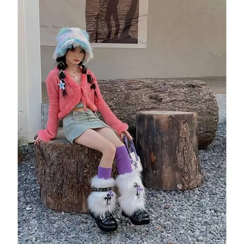Purple cross furry y2k garter leg warmers
