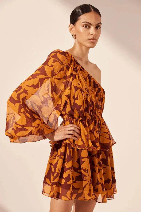 SHONA JOY - Natalina Tiered Drawstring Mini Dress - Shiraz / Tangerine