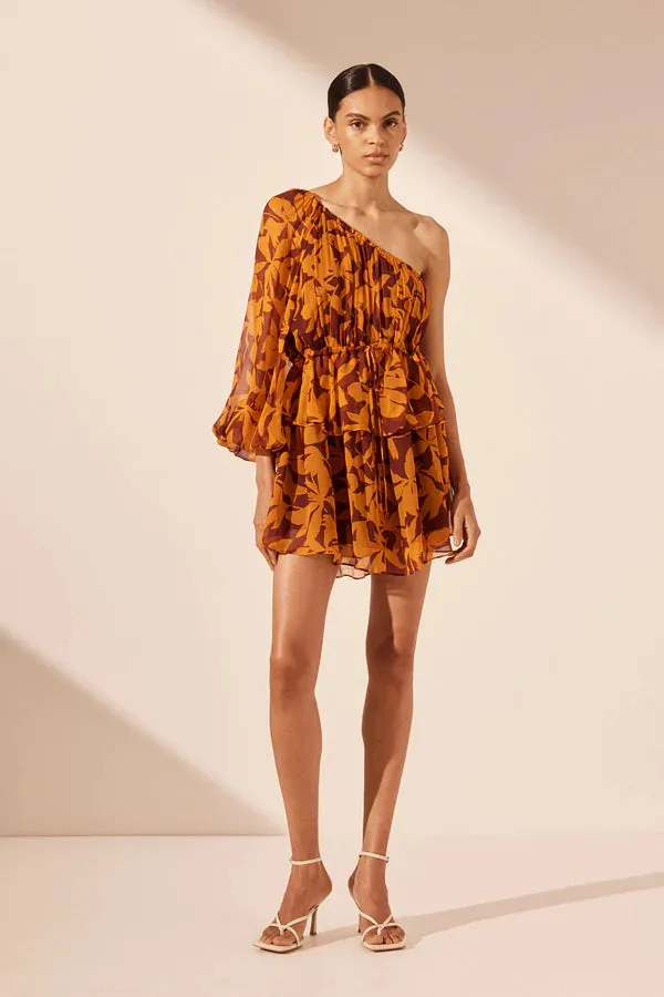 SHONA JOY - Natalina Tiered Drawstring Mini Dress - Shiraz / Tangerine