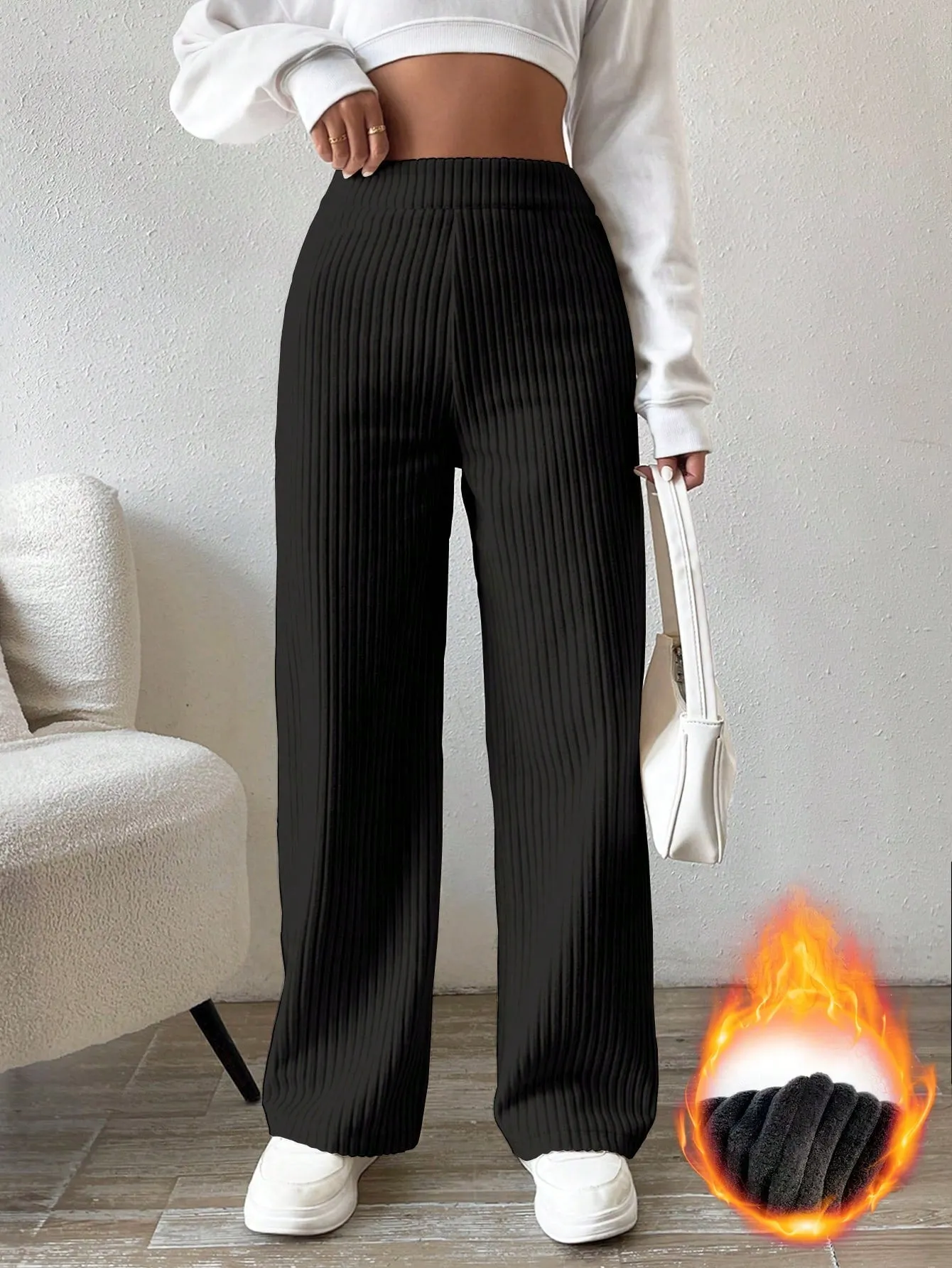 Solid Color Straight Leg Thermal Lined Long Pants FW23