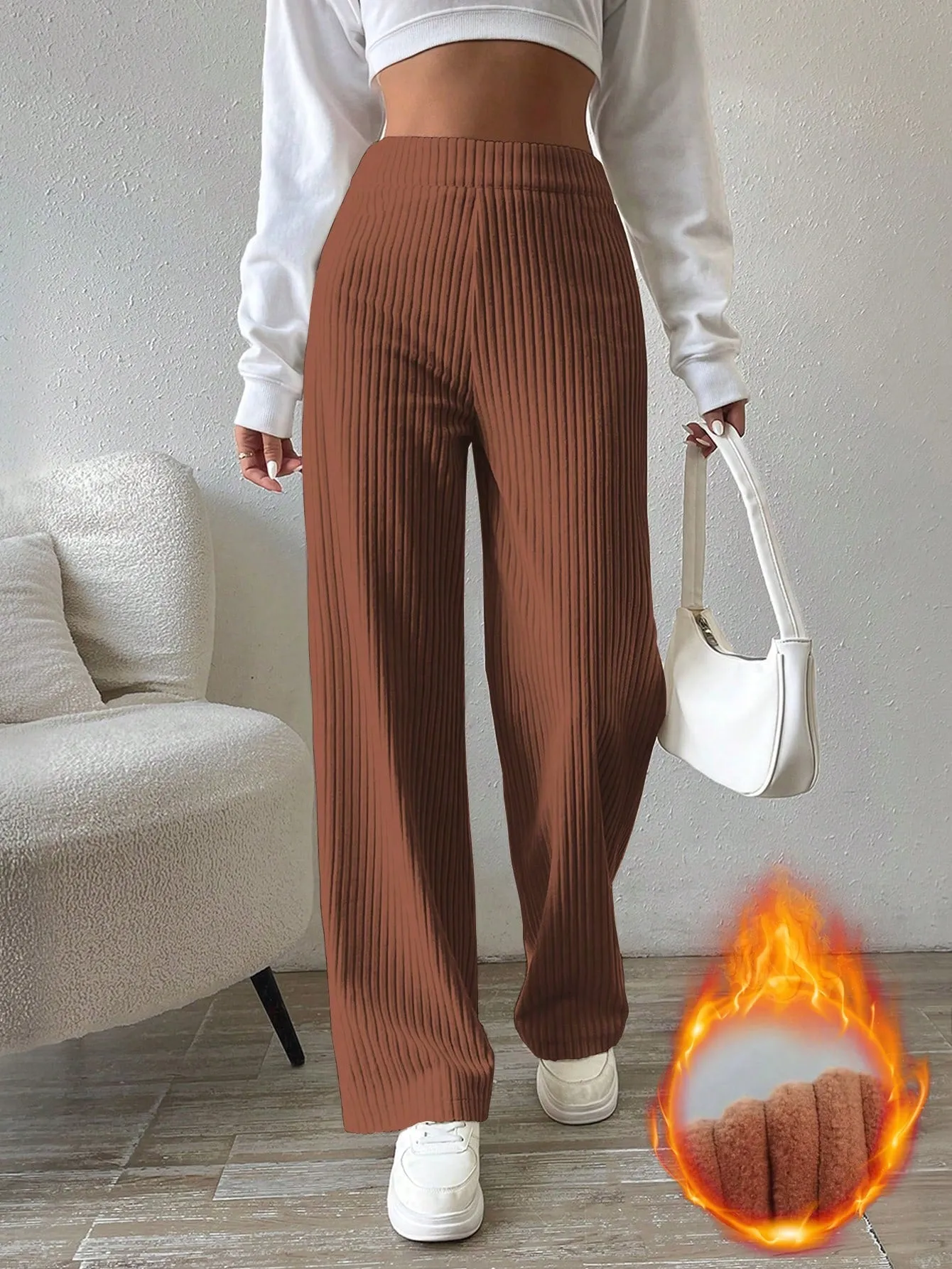 Solid Color Straight Leg Thermal Lined Long Pants FW23