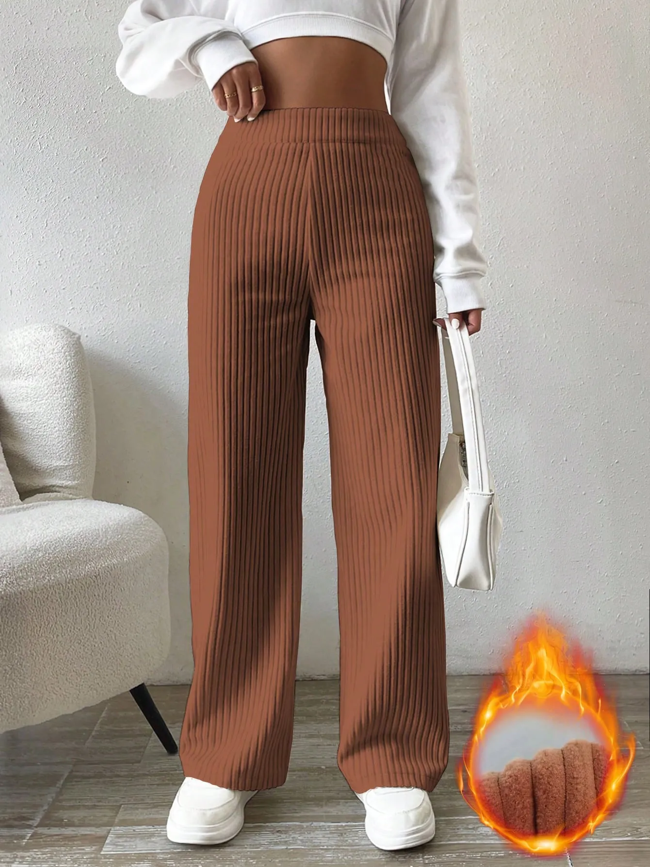 Solid Color Straight Leg Thermal Lined Long Pants FW23