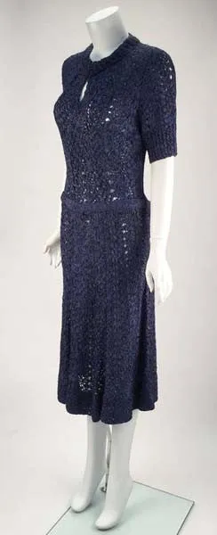 Unbelievable 1940s Navy Blue Silk Ribbon Knit Knee Length Dress and Belt