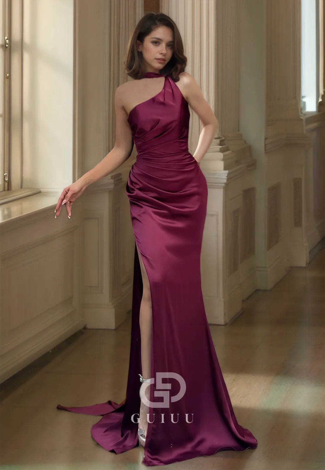 Unique One Shoulder Satin Pleats Long Prom Formal Dress with Slit