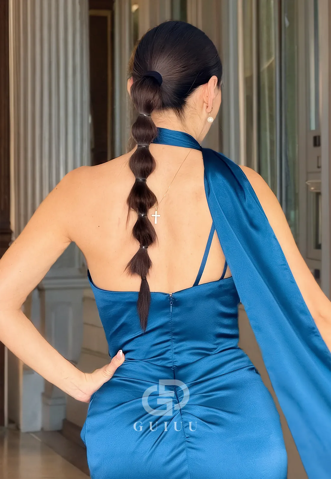 Unique One Shoulder Satin Pleats Long Prom Formal Dress with Slit