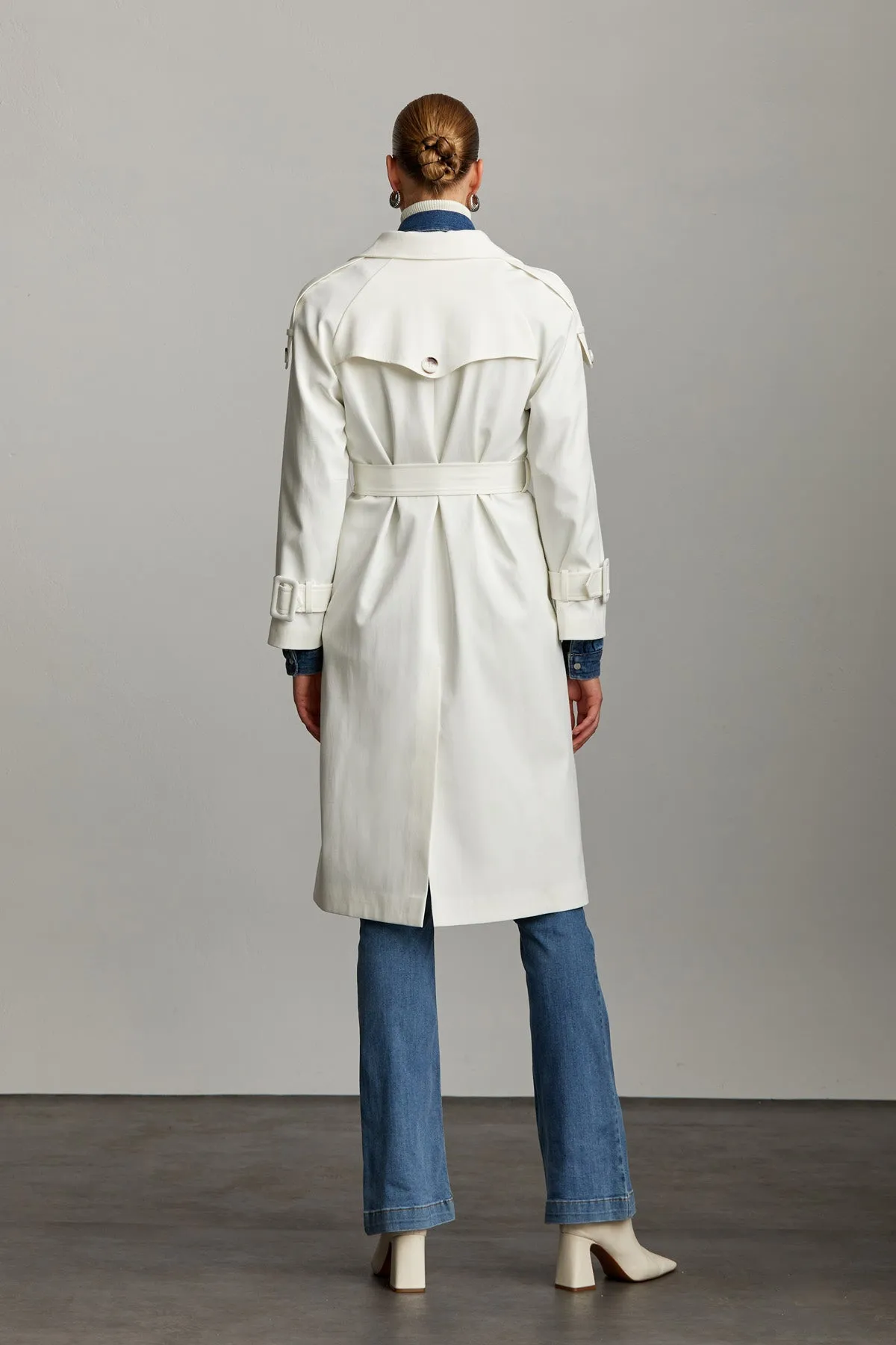 White Slim Fit Straight Mono Neck Cotton Belted Basic Mary Overcoat