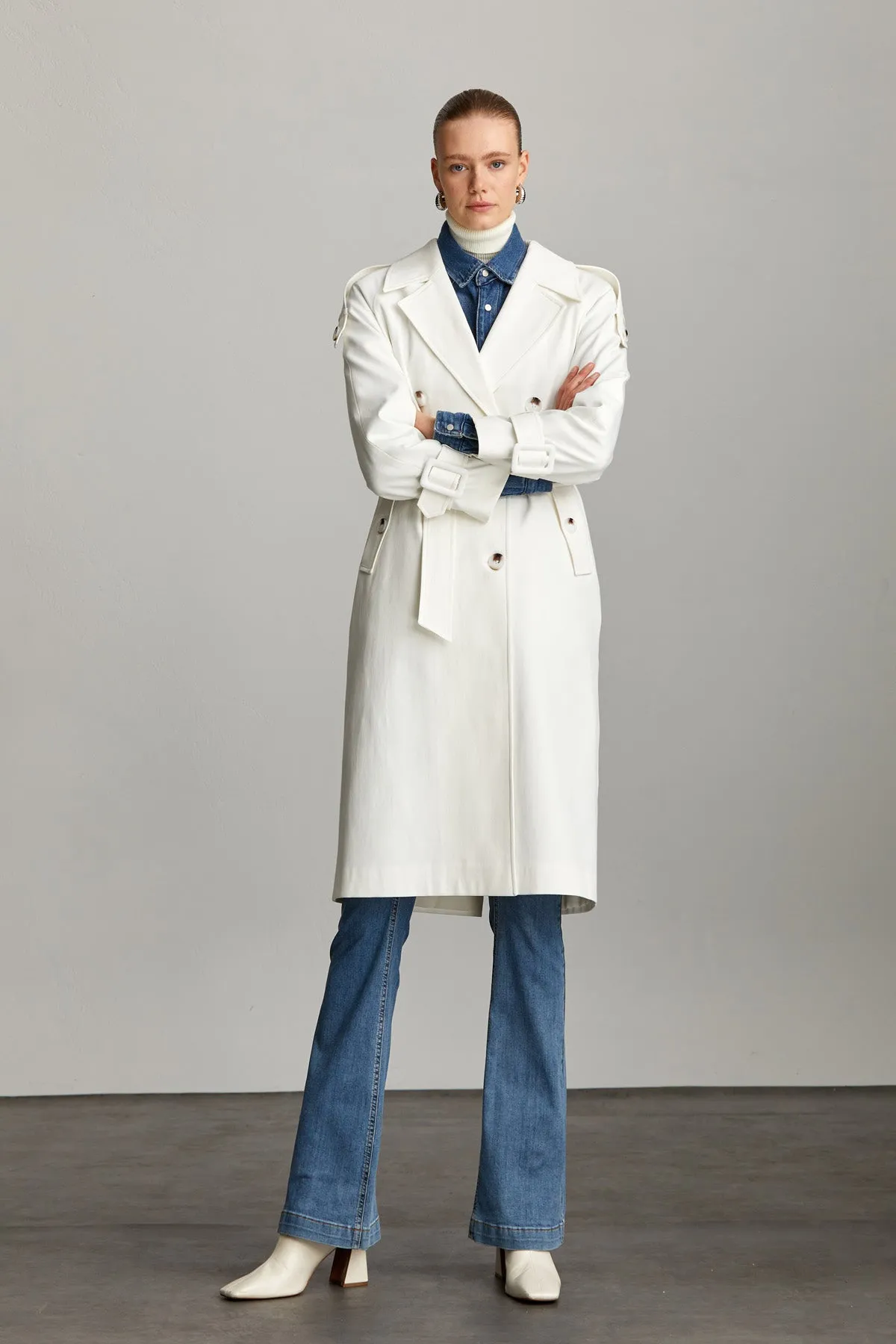 White Slim Fit Straight Mono Neck Cotton Belted Basic Mary Overcoat