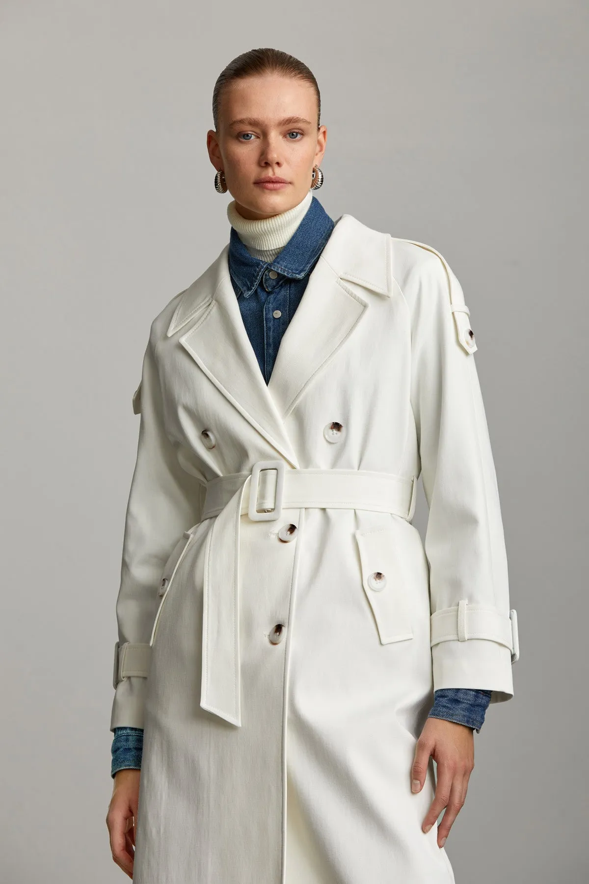 White Slim Fit Straight Mono Neck Cotton Belted Basic Mary Overcoat