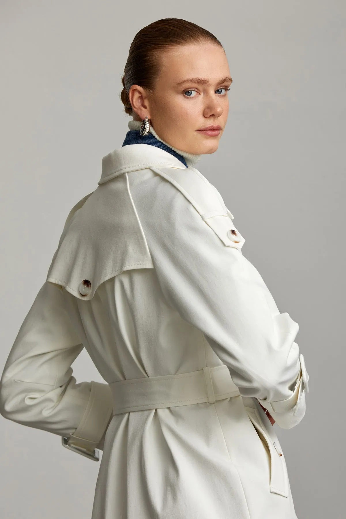 White Slim Fit Straight Mono Neck Cotton Belted Basic Mary Overcoat